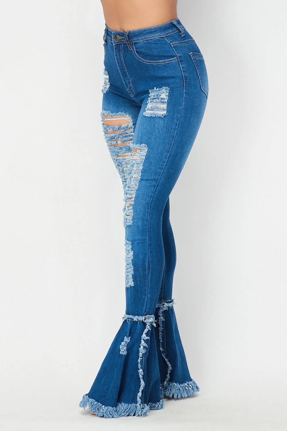 Super High Waisted Distressed Flare Jeans  - Denim