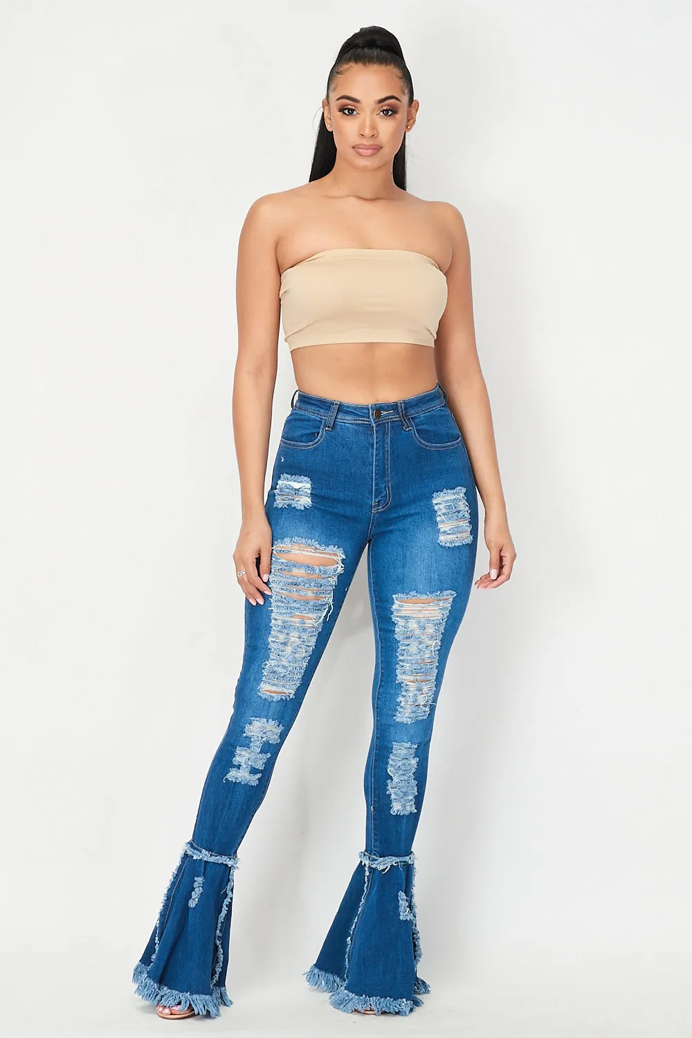 Super High Waisted Distressed Flare Jeans  - Denim