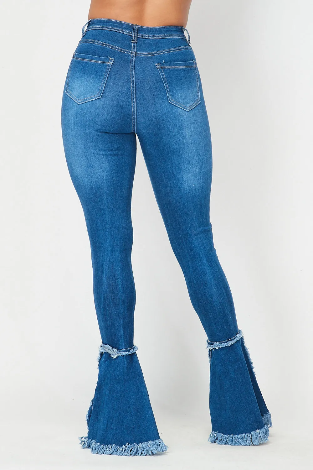 Super High Waisted Distressed Flare Jeans  - Denim