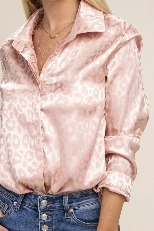 Surrender Pink Satin Leopard Collared Button Down Blouse