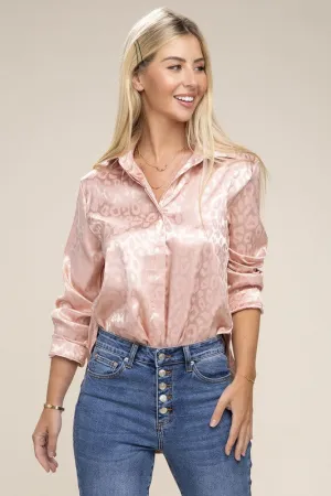 Surrender Pink Satin Leopard Collared Button Down Blouse