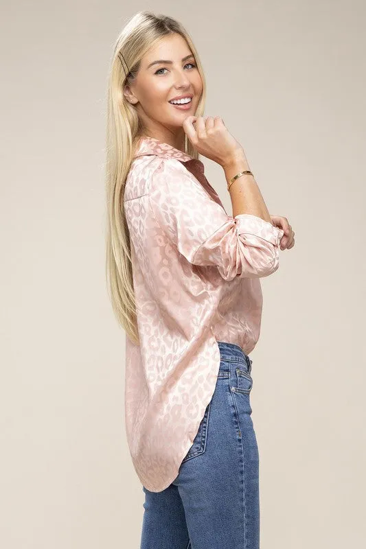 Surrender Pink Satin Leopard Collared Button Down Blouse