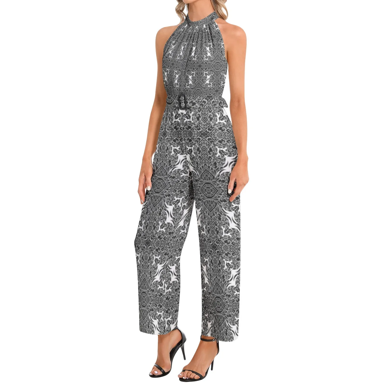 Thai Psychedelic Black & White  Halter Neck Buckle Belted Jumpsuit