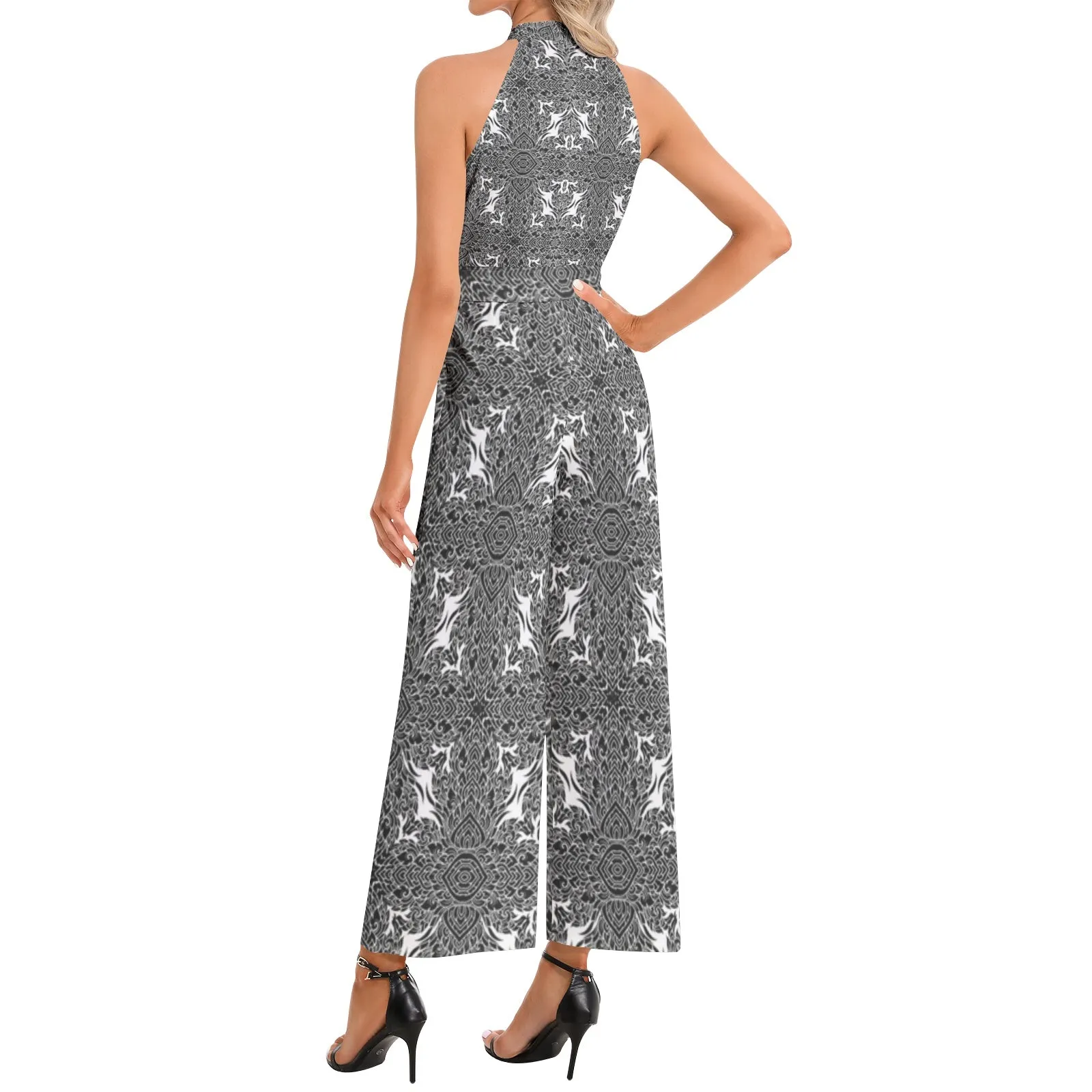 Thai Psychedelic Black & White  Halter Neck Buckle Belted Jumpsuit