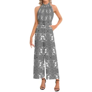 Thai Psychedelic Black & White  Halter Neck Buckle Belted Jumpsuit