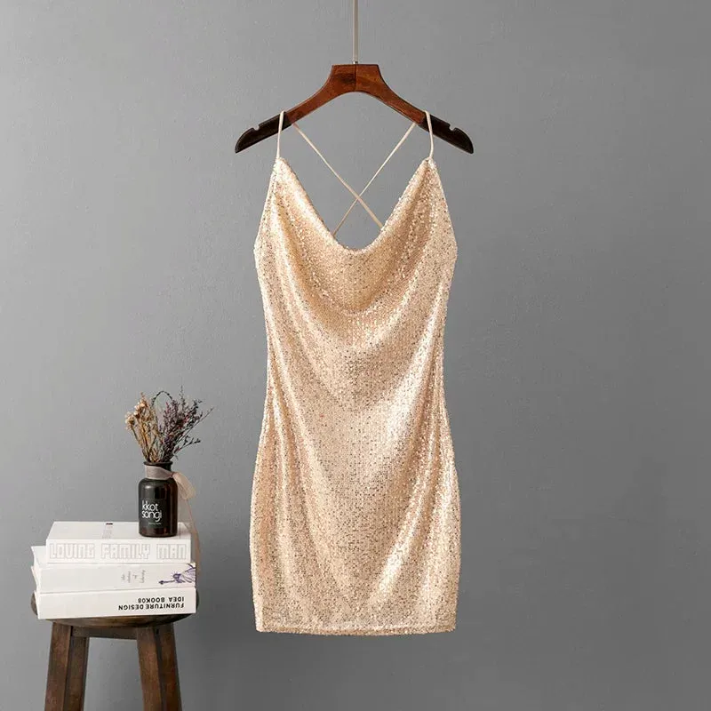 Trend4us Women's Sequin Cowl Neck Mini Dress