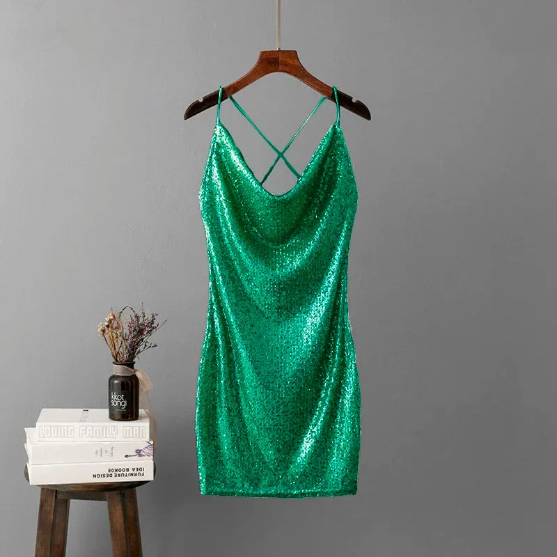 Trend4us Women's Sequin Cowl Neck Mini Dress