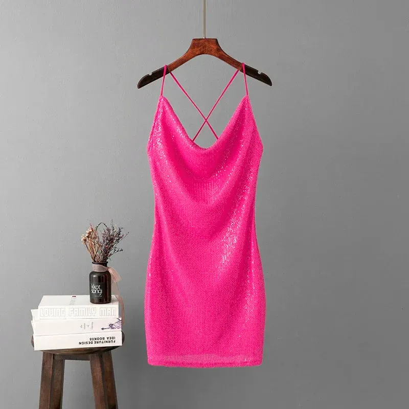 Trend4us Women's Sequin Cowl Neck Mini Dress