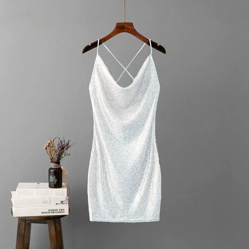 Trend4us Women's Sequin Cowl Neck Mini Dress