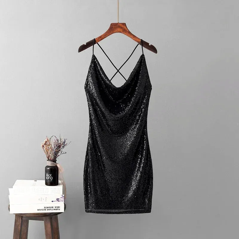 Trend4us Women's Sequin Cowl Neck Mini Dress