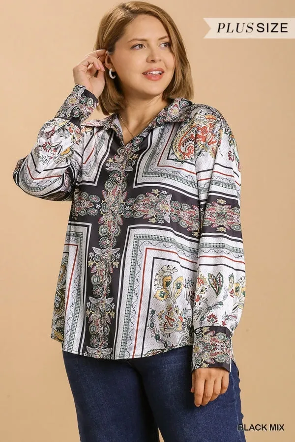 Umgee Satin Print Button Down Low Scoop Tunic