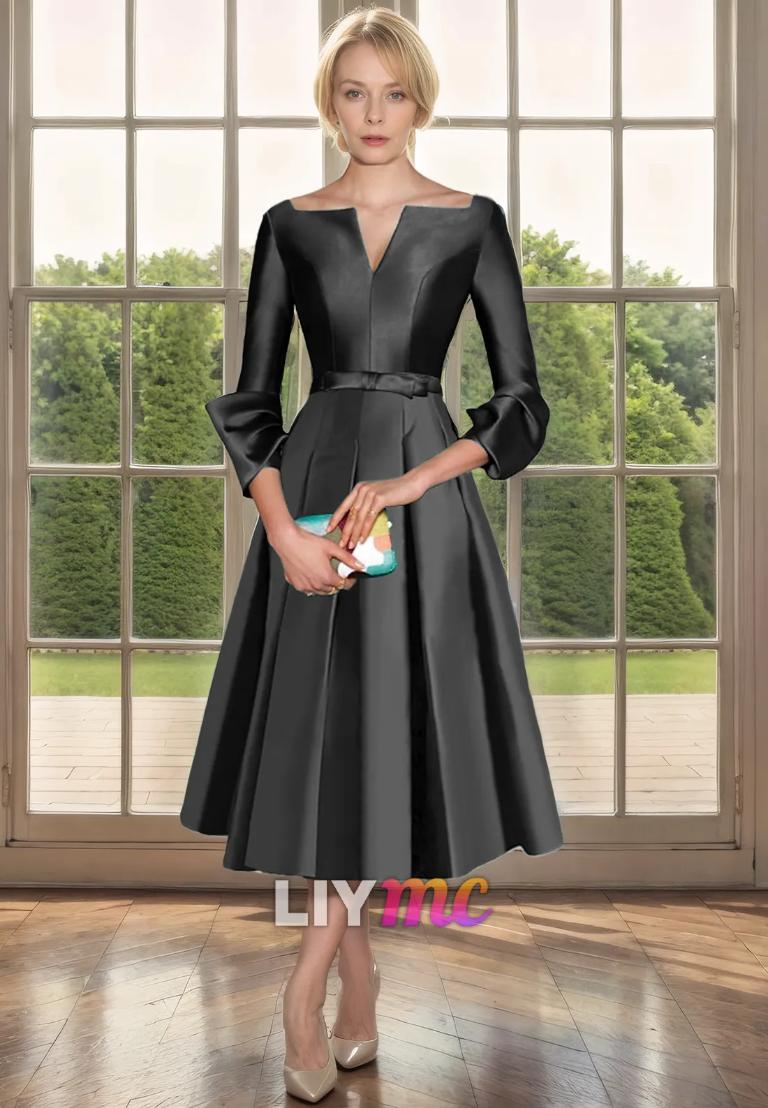 V-Neck Long Sleeves Sleek Satin Pleated A-Line Mother of Bride Dress Cocktail Dress