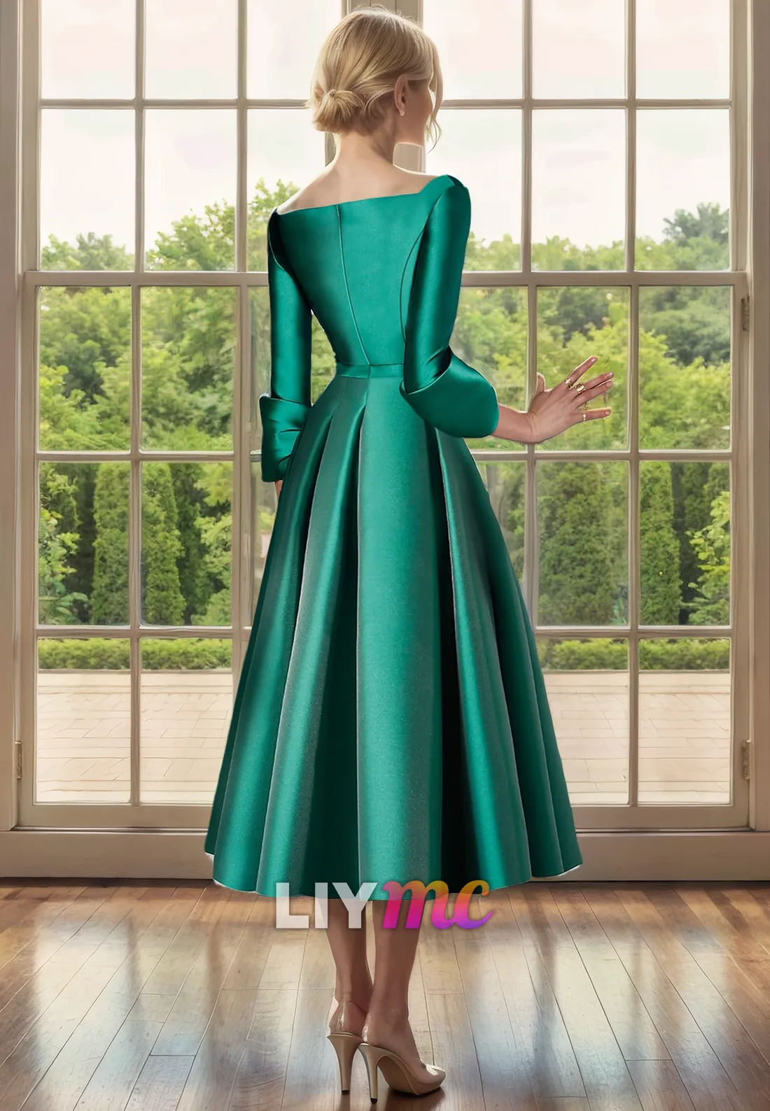 V-Neck Long Sleeves Sleek Satin Pleated A-Line Mother of Bride Dress Cocktail Dress