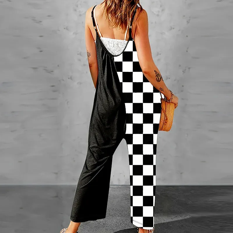 V-neck Pocket Beach Jumpsuit Romper Casual Printed Patchwork Romper