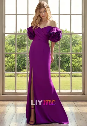 V-Neck Puff Sleeves Sleek Satin Side Slit Mermaid Mother of Bride Dress Cocktail Dress