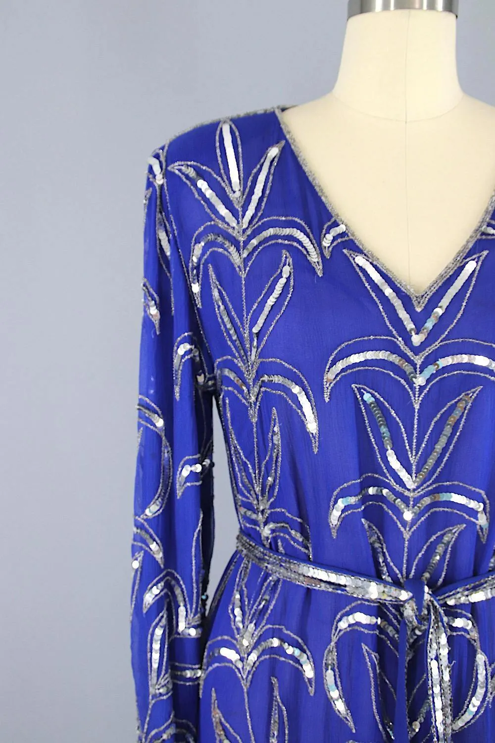 Vintage 1980s Beaded Sequined Party Dress / Blue & Silver