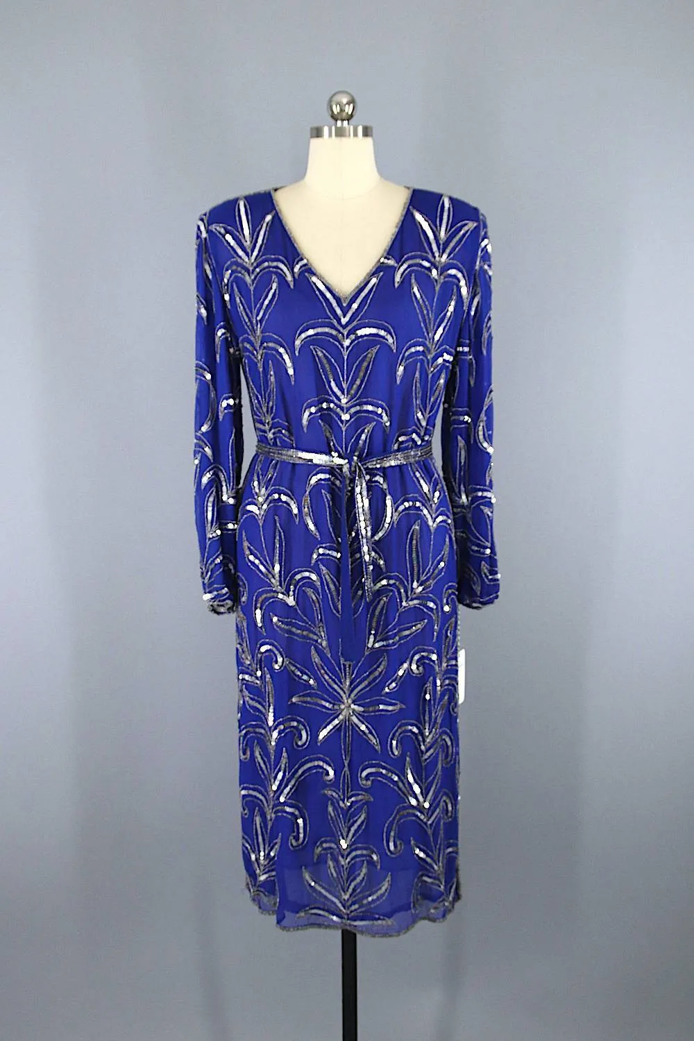 Vintage 1980s Beaded Sequined Party Dress / Blue & Silver