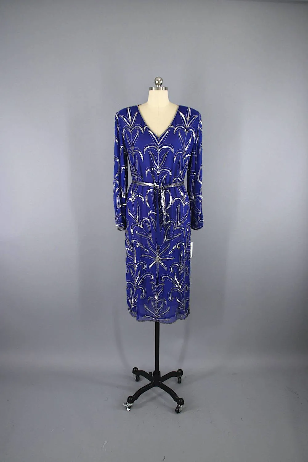 Vintage 1980s Beaded Sequined Party Dress / Blue & Silver