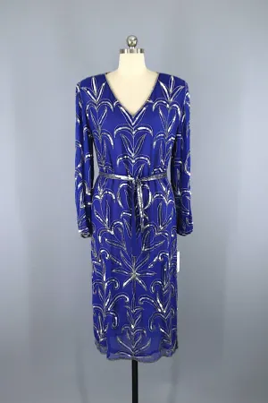 Vintage 1980s Beaded Sequined Party Dress / Blue & Silver