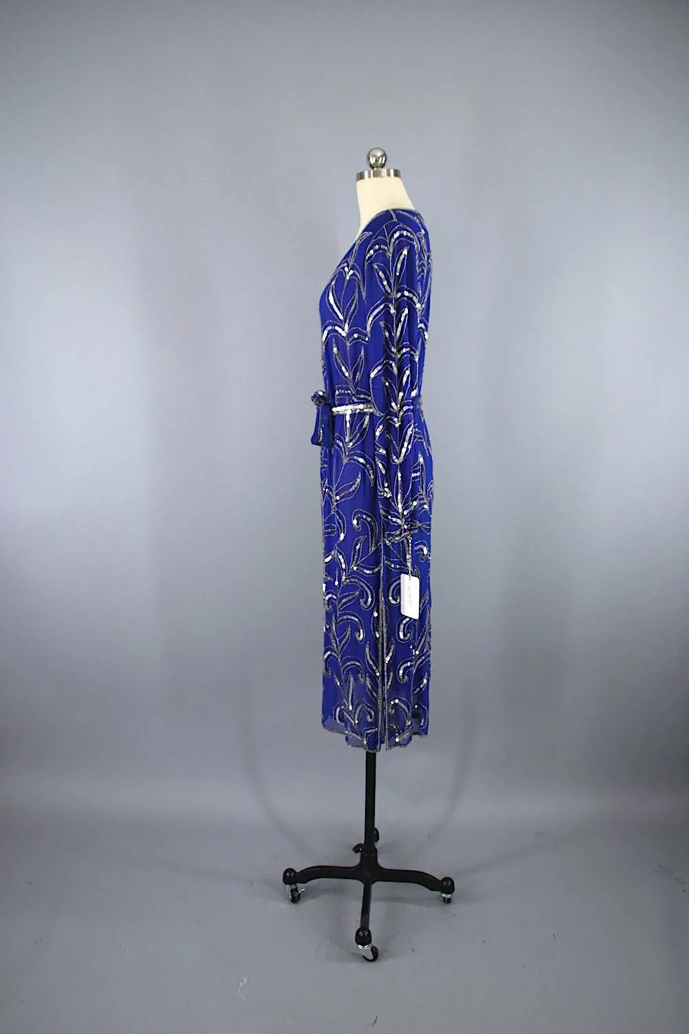 Vintage 1980s Beaded Sequined Party Dress / Blue & Silver