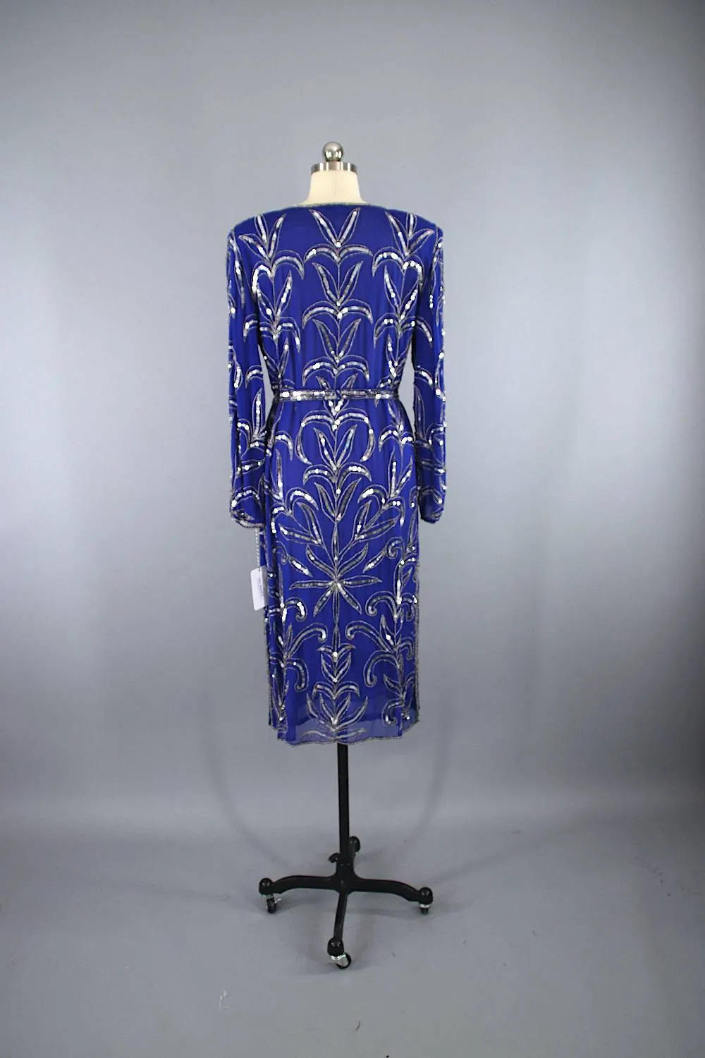 Vintage 1980s Beaded Sequined Party Dress / Blue & Silver