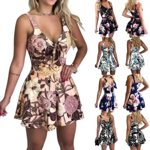 Women V-neck Sleeveless Shorts Printed Pattern One Piece Romper