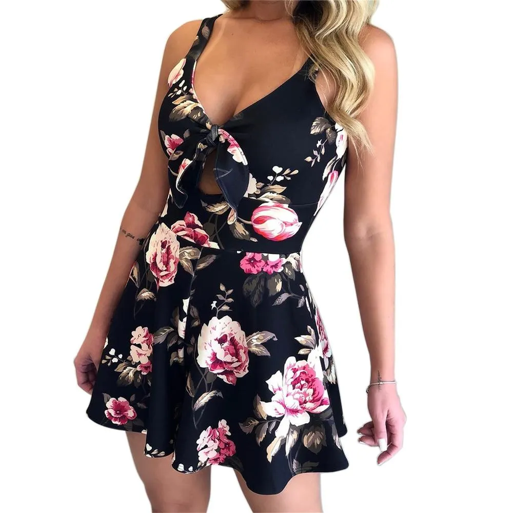 Women V-neck Sleeveless Shorts Printed Pattern One Piece Romper