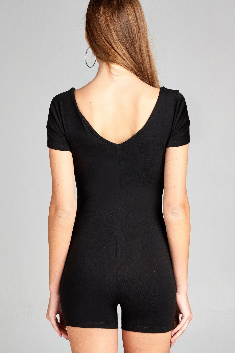 Women's Short Sleeve V Neck Strappy Front Cotton Bodycon Romper