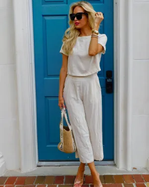 ZESICA Linen Short Sleeve Crop Top High Waist Pants Lounge Set