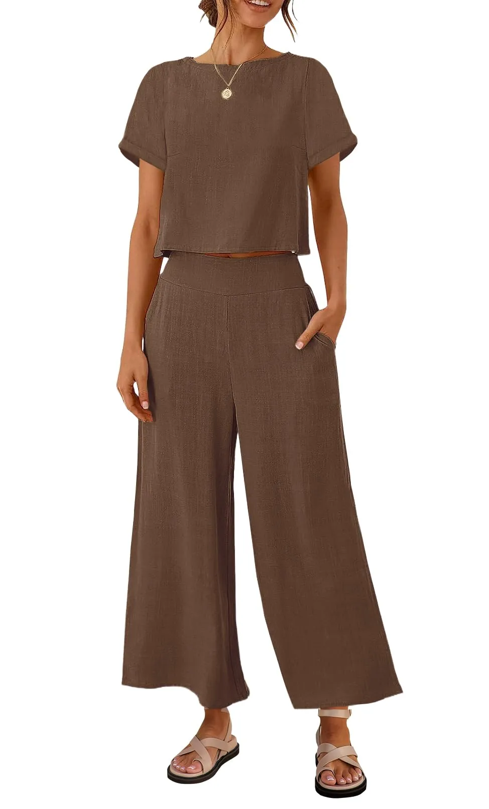 ZESICA Linen Short Sleeve Crop Top High Waist Pants Lounge Set