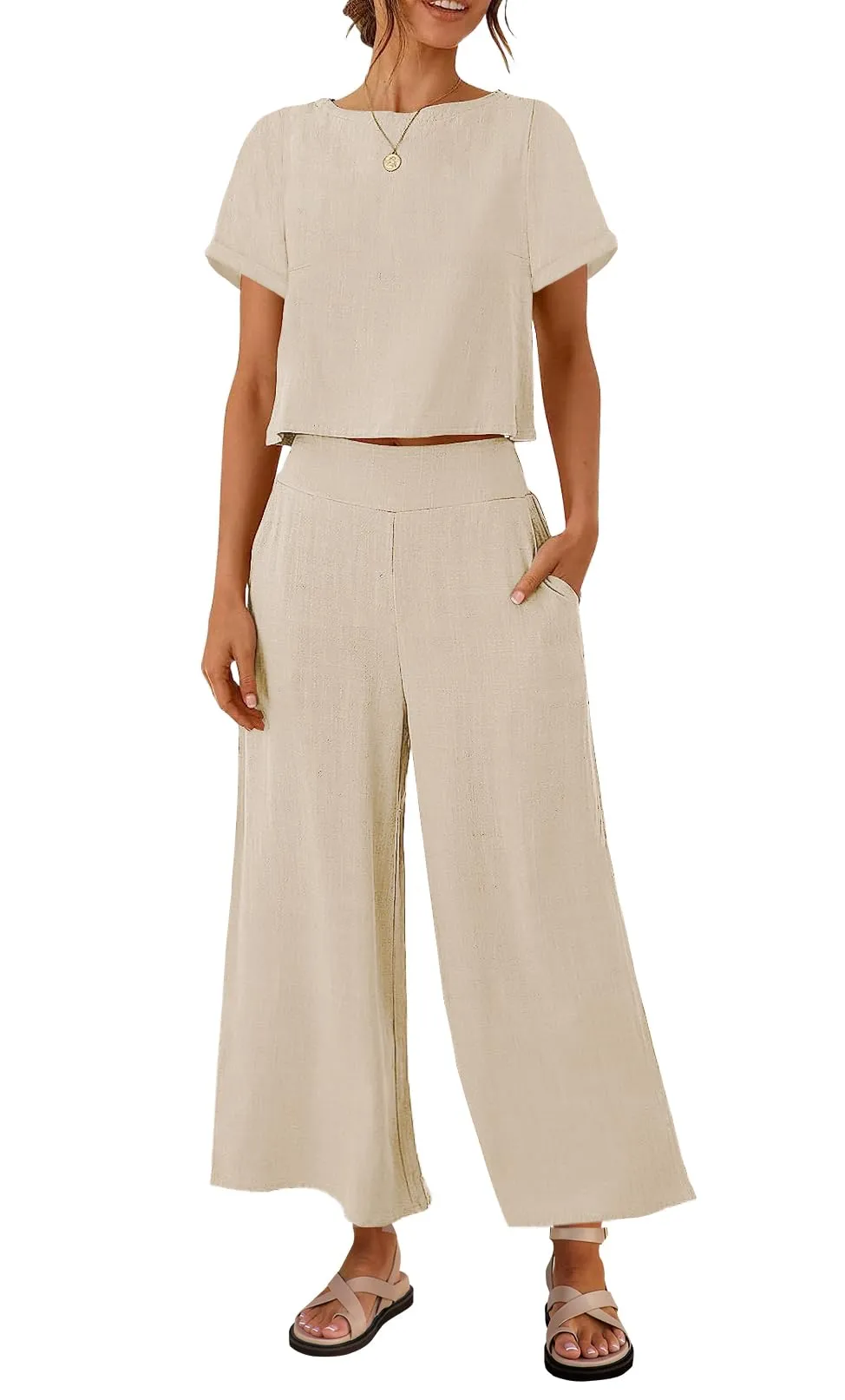 ZESICA Linen Short Sleeve Crop Top High Waist Pants Lounge Set