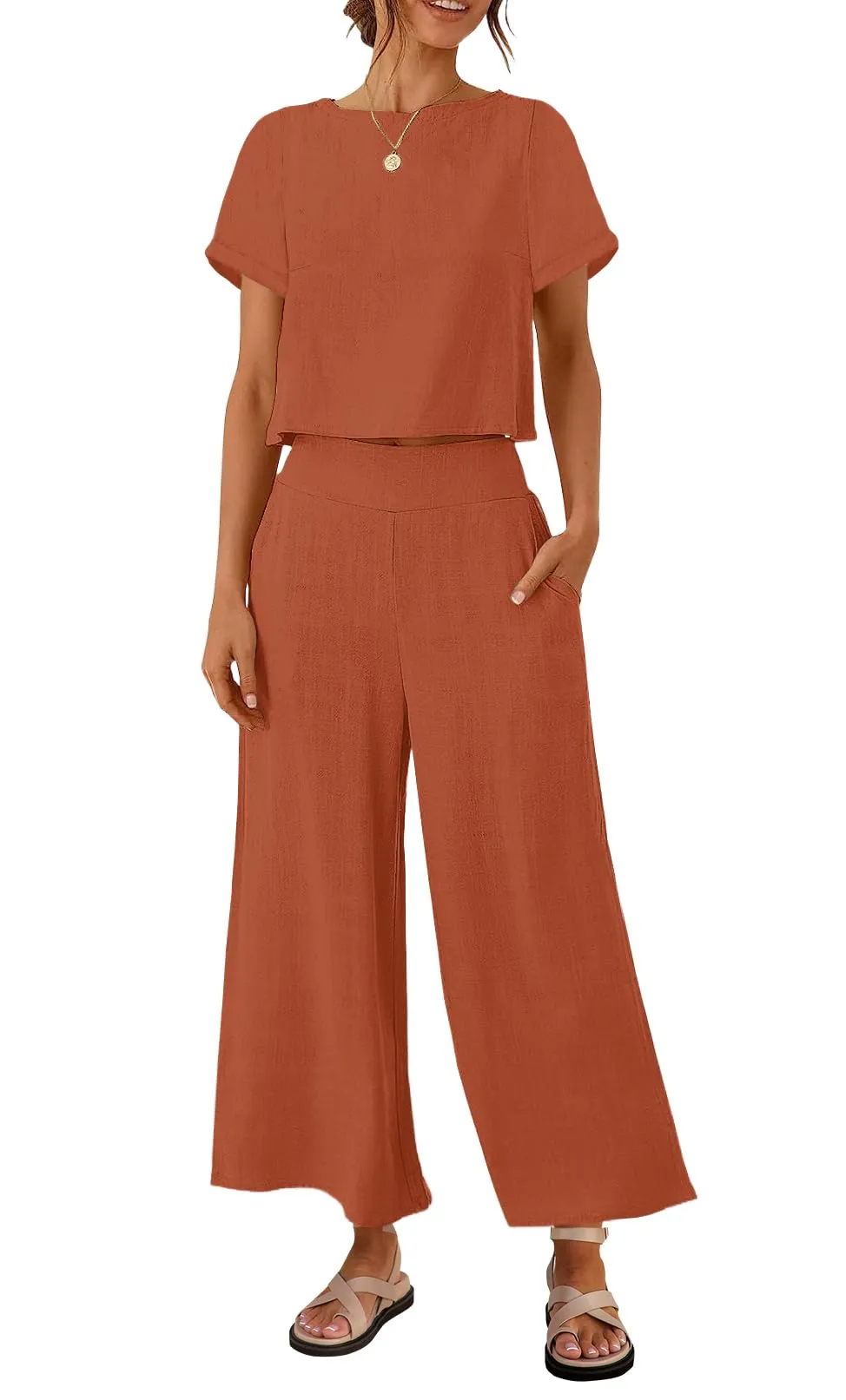 ZESICA Linen Short Sleeve Crop Top High Waist Pants Lounge Set