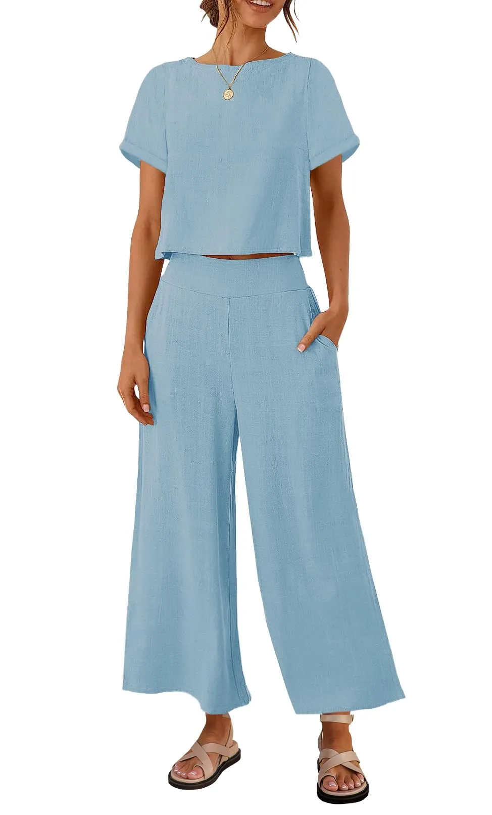 ZESICA Linen Short Sleeve Crop Top High Waist Pants Lounge Set