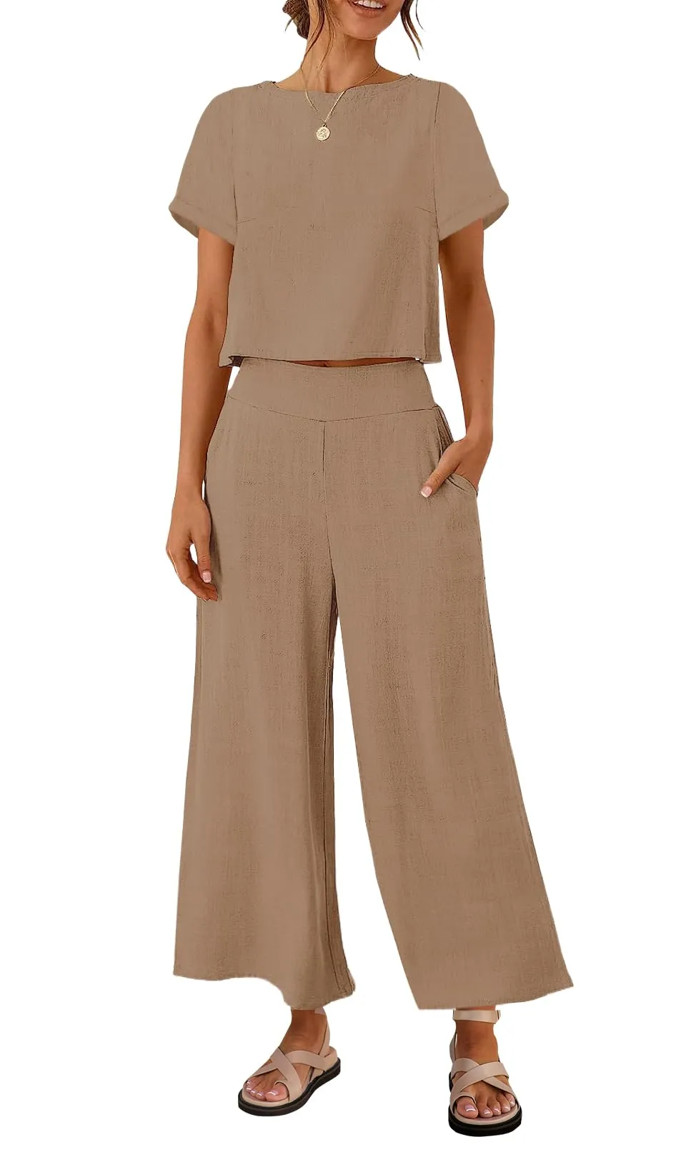 ZESICA Linen Short Sleeve Crop Top High Waist Pants Lounge Set