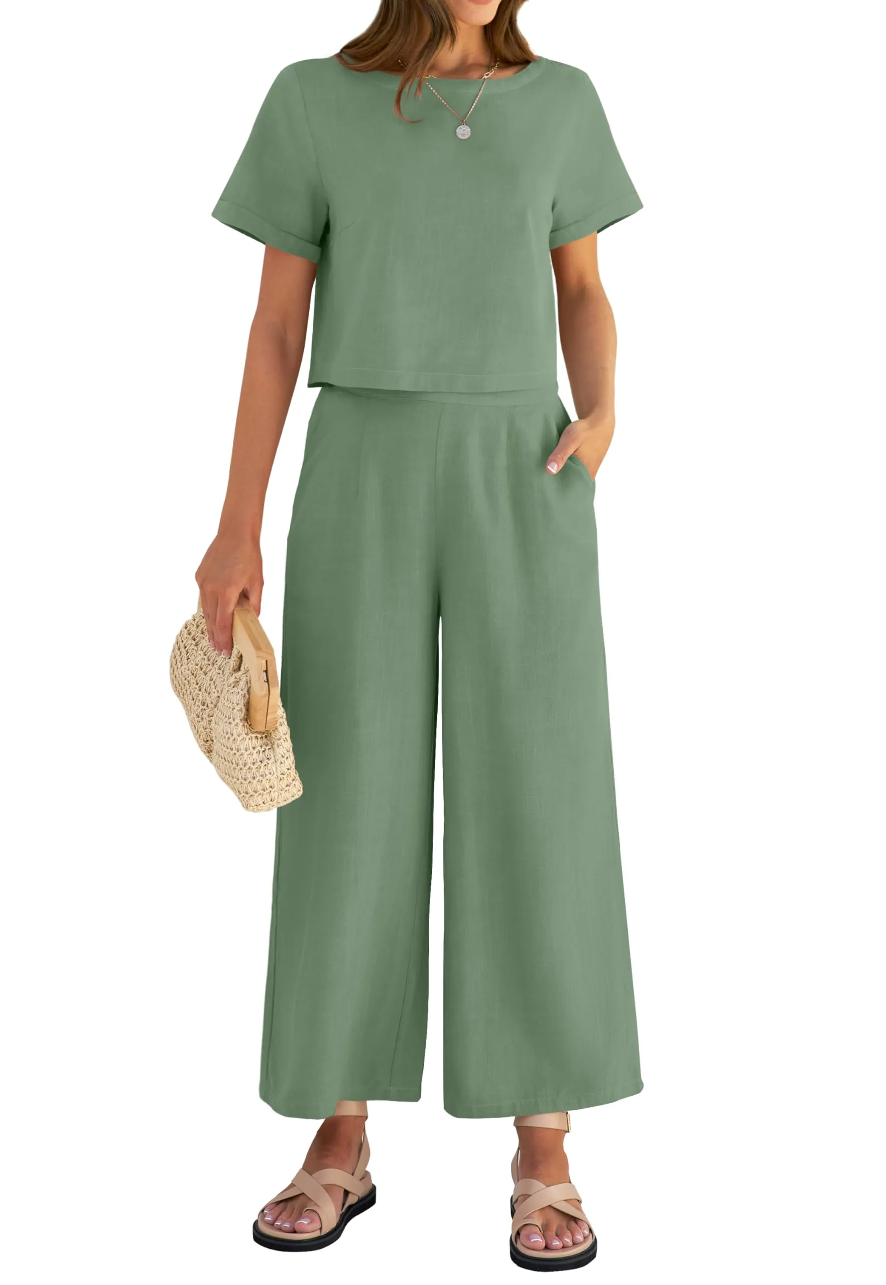 ZESICA Linen Short Sleeve Crop Top High Waist Pants Lounge Set