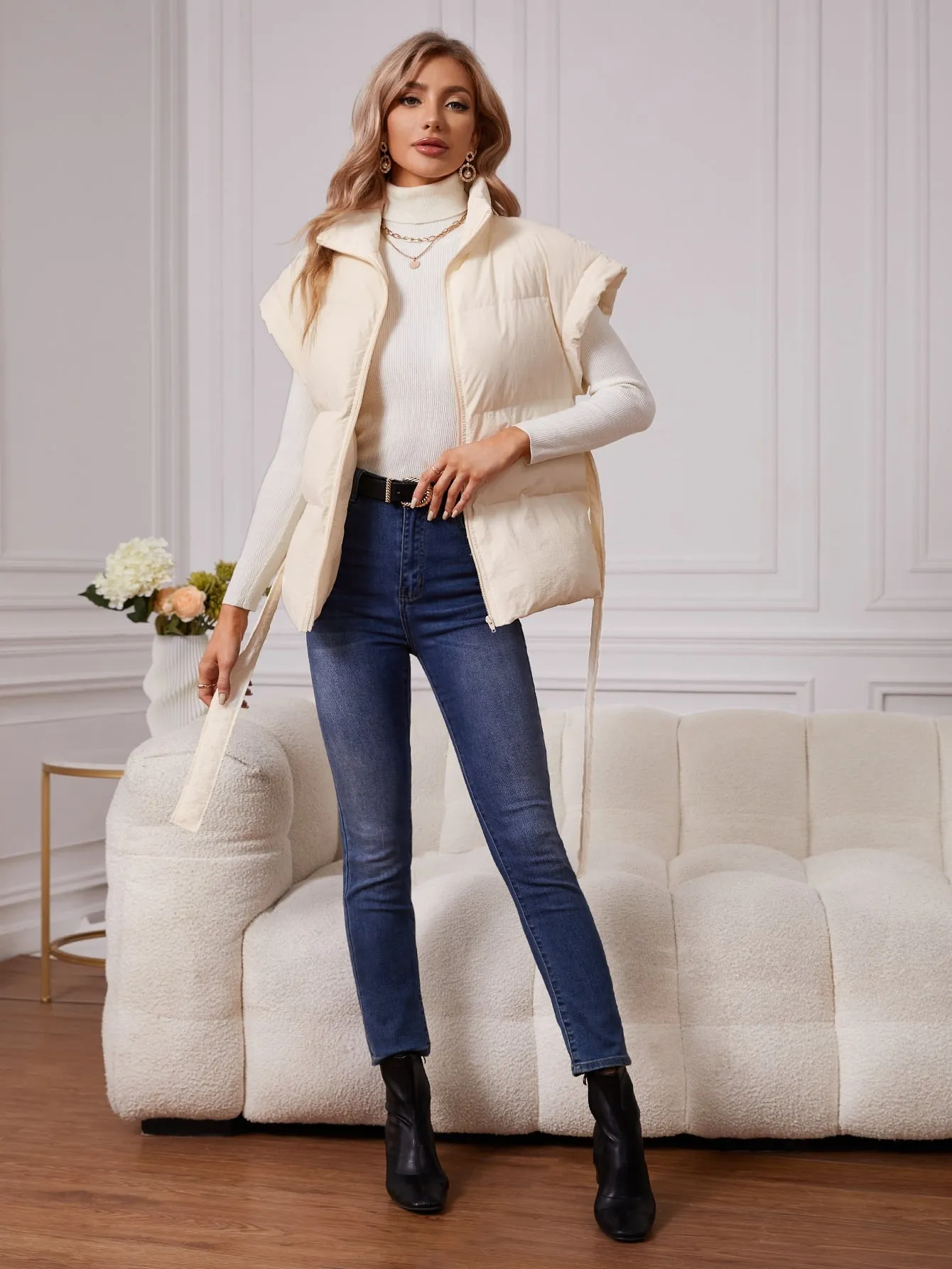 Zipper Belted Vest Puffer Coat