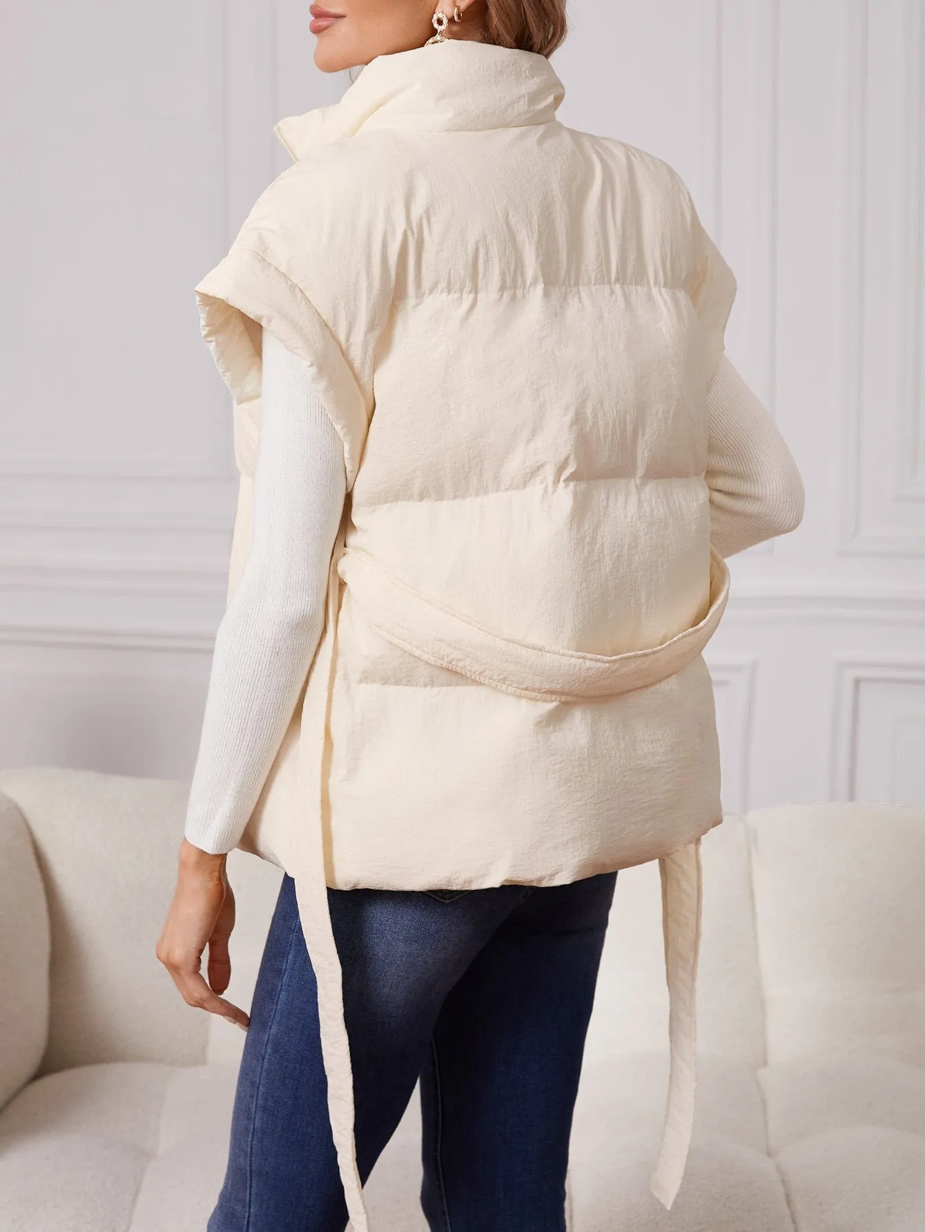 Zipper Belted Vest Puffer Coat