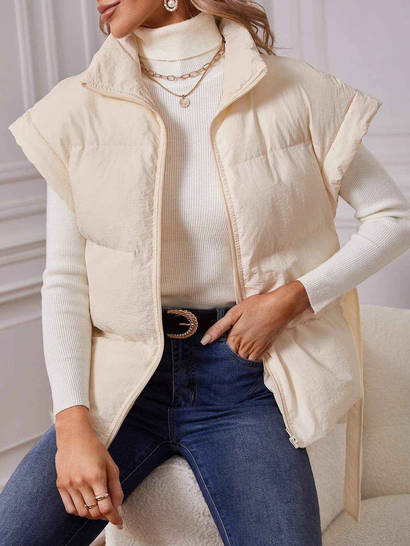 Zipper Belted Vest Puffer Coat