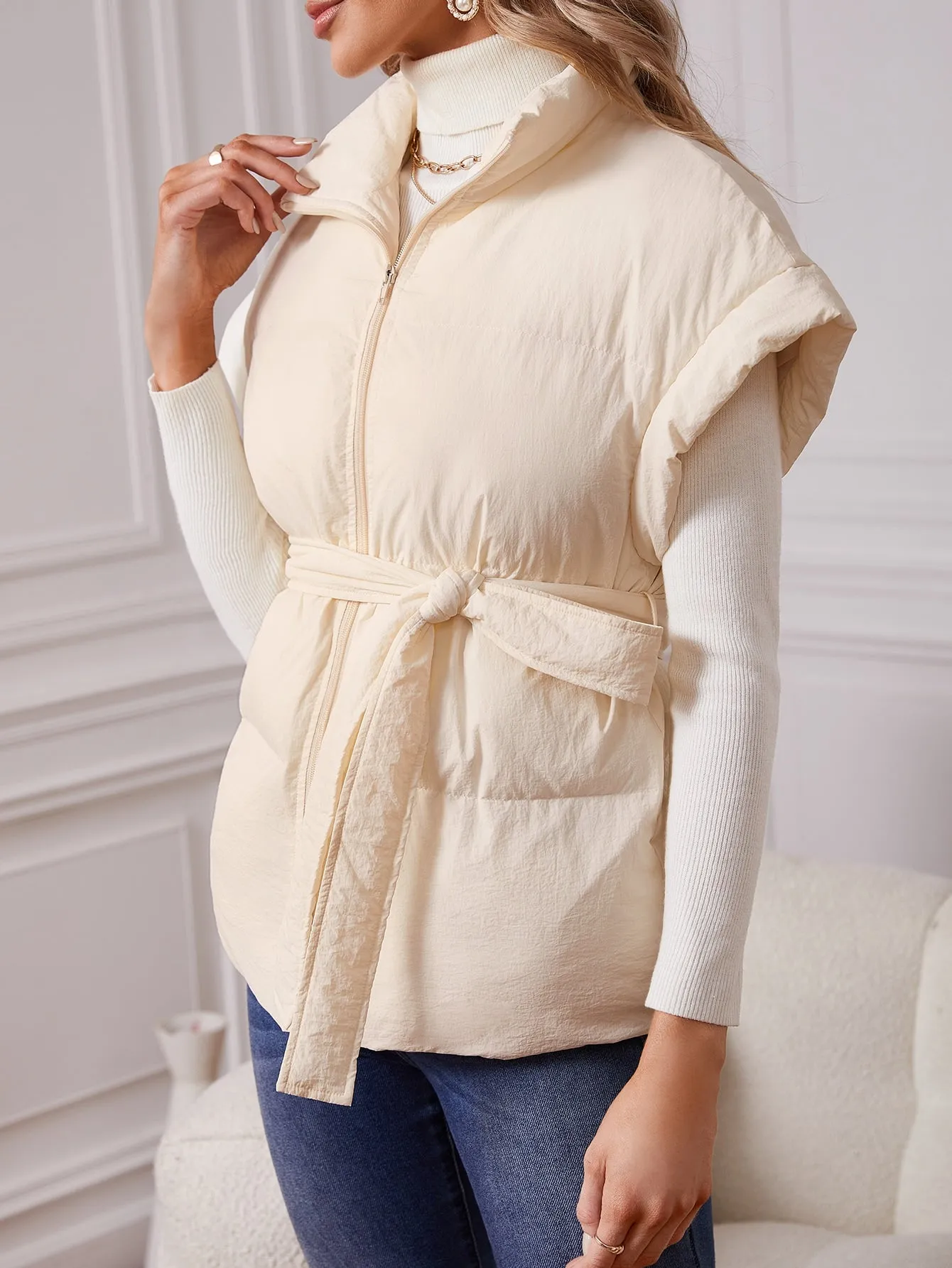 Zipper Belted Vest Puffer Coat